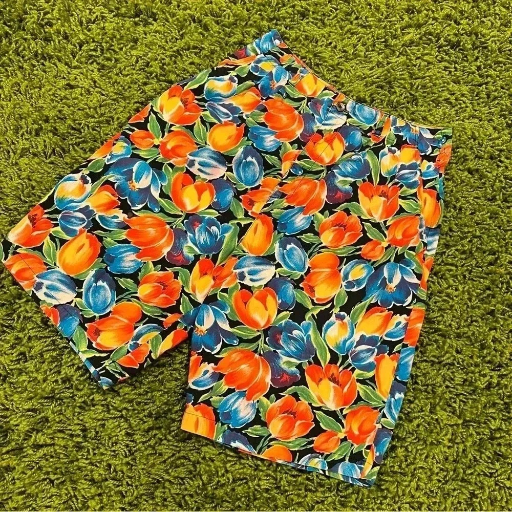 Vintage 80s Gap Bright Multicolored Floral Tulip High Waisted Shorts